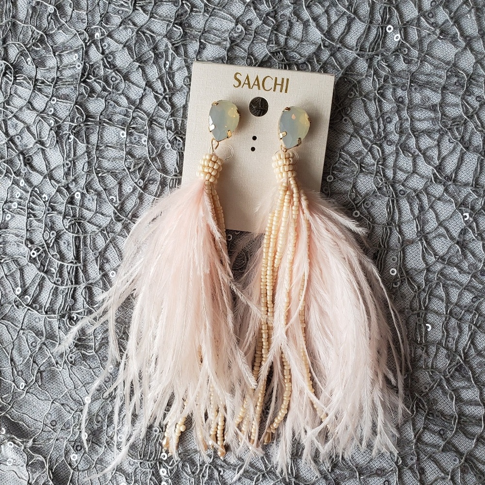 New Saachi Blush Feather Tassle Earrings